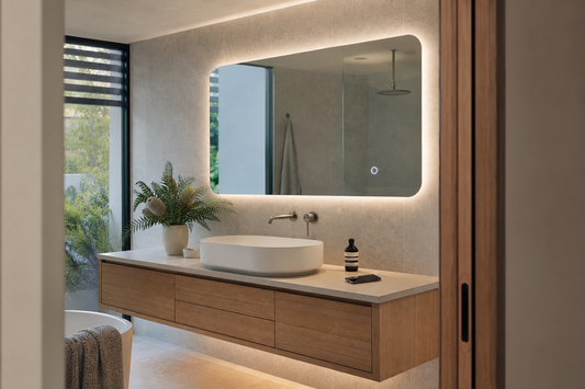 Bluetooth LED bathroom mirror above a modern Australian vanity