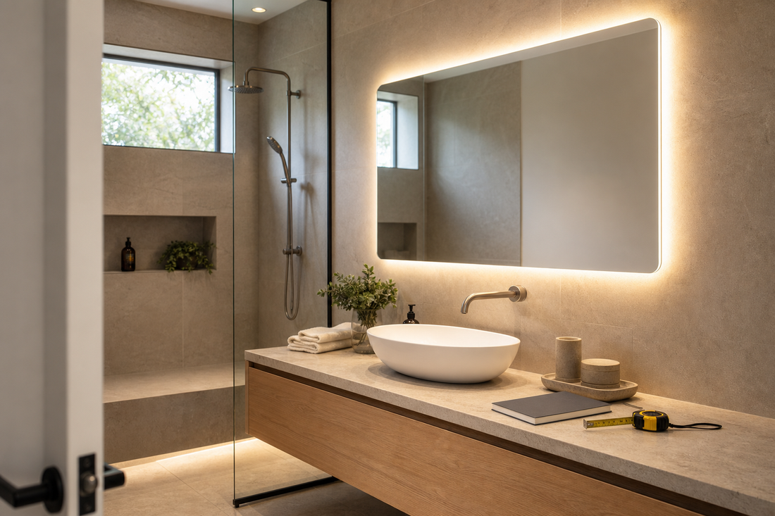 LED bathroom mirror installed safely above a modern Australian vanity