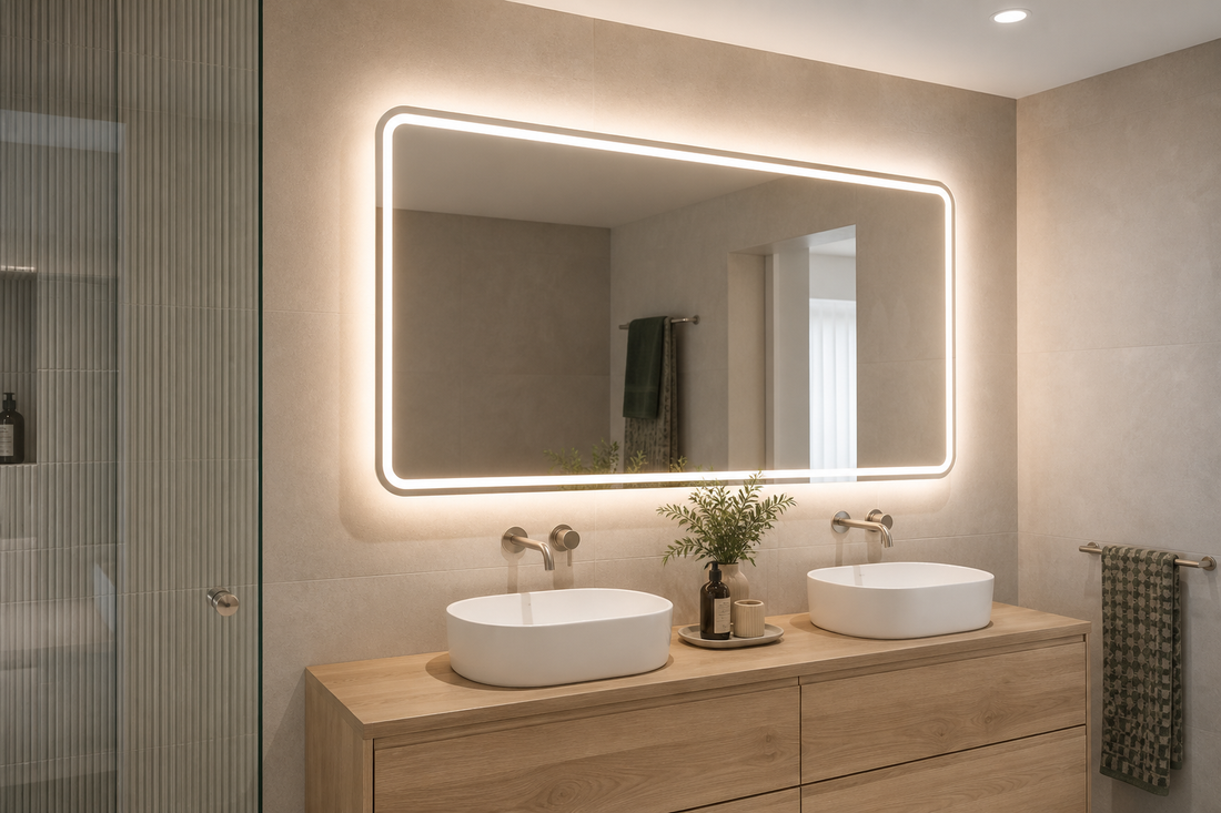 Bathroom mirror with LED lights above an Australian vanity