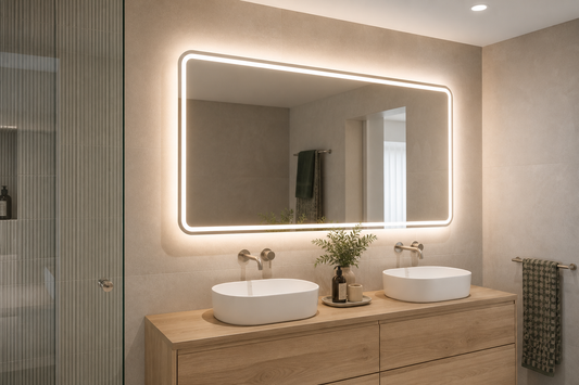 Bathroom mirror with LED lights above an Australian vanity
