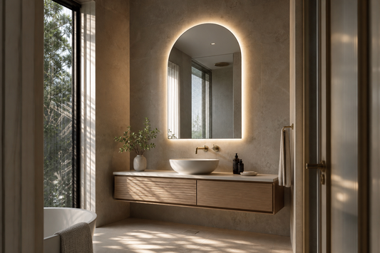 Arched LED bathroom mirror above a warm timber vanity in a luxury Australian ensuite