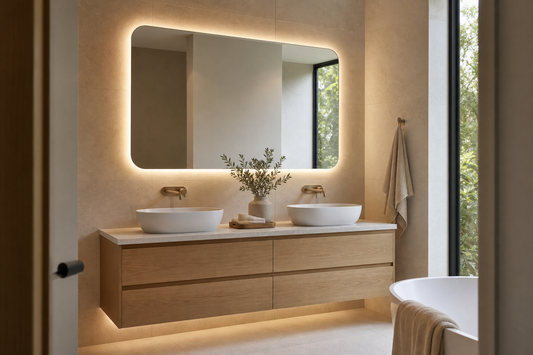 Backlit LED bathroom mirror creating soft ambient glow above a modern Australian vanity