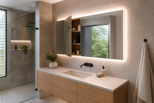 Bathroom mirror cabinet with lights above a clutter-free modern Australian vanity