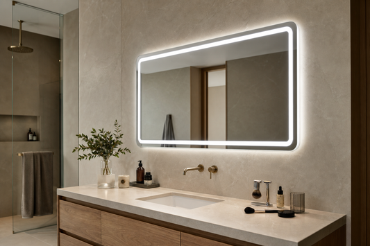 Frontlit LED bathroom mirror above a modern vanity with grooming and makeup items