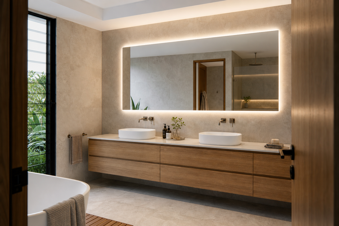 Large LED bathroom mirror above a double vanity in a modern Australian ensuite