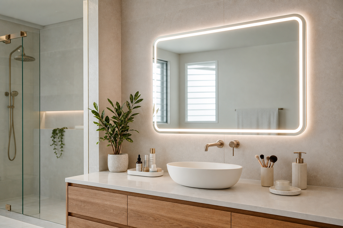 Frontlit LED bathroom mirror above a modern makeup and skincare vanity