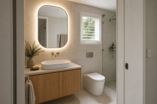 Oval LED bathroom mirror above a compact modern Australian vanity