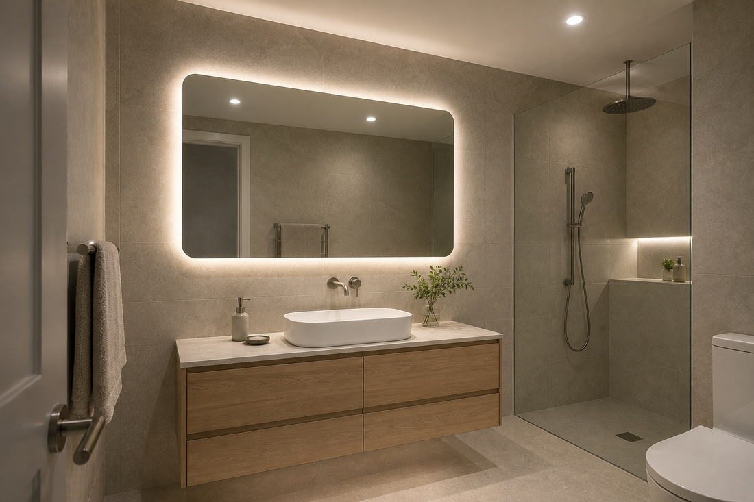 LED bathroom mirror brightening a modern windowless bathroom