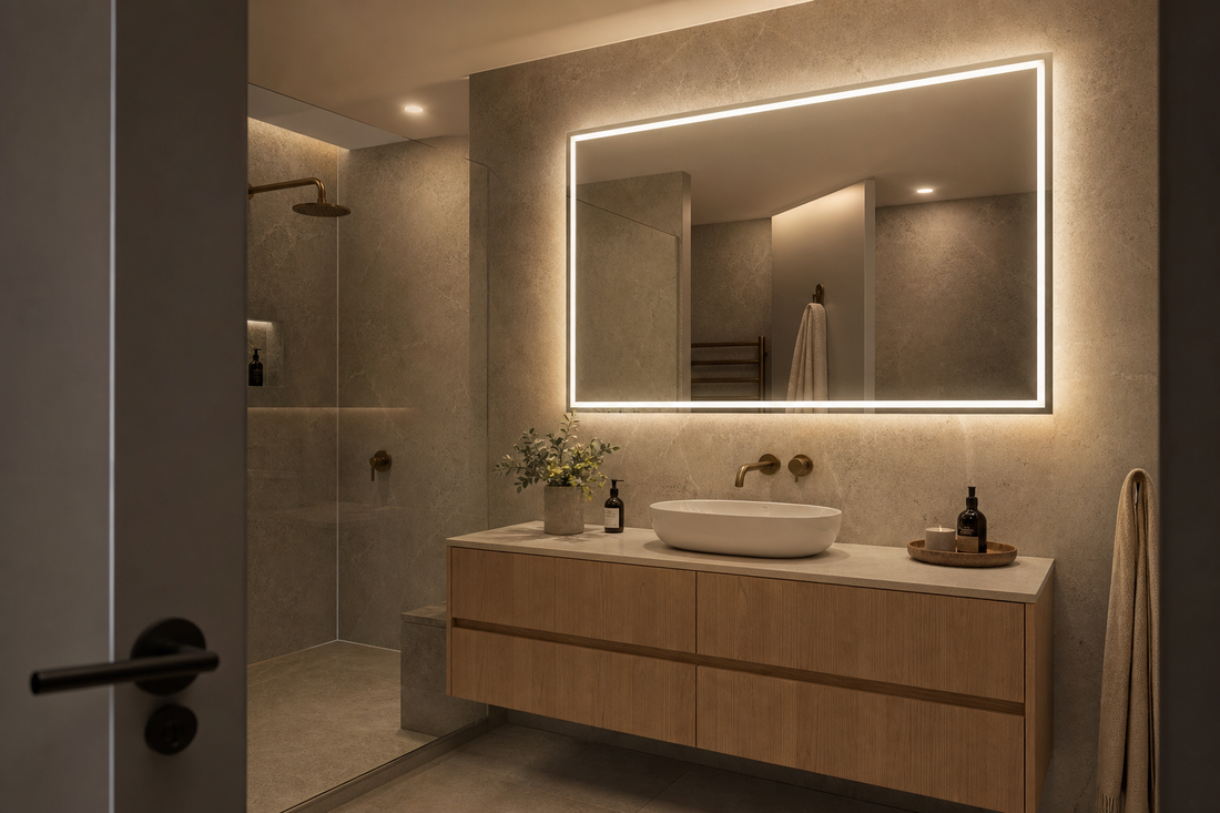 Frontlit and backlit LED mirror brightening a dark modern bathroom