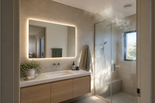 LED mirror in a compact ensuite with visible steam and a clear anti-fog reflection zone