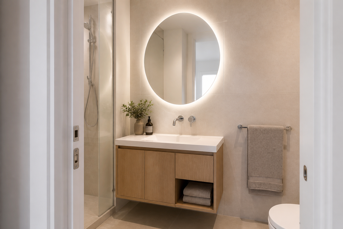 Compact apartment bathroom vanity with a softly backlit round LED mirror
