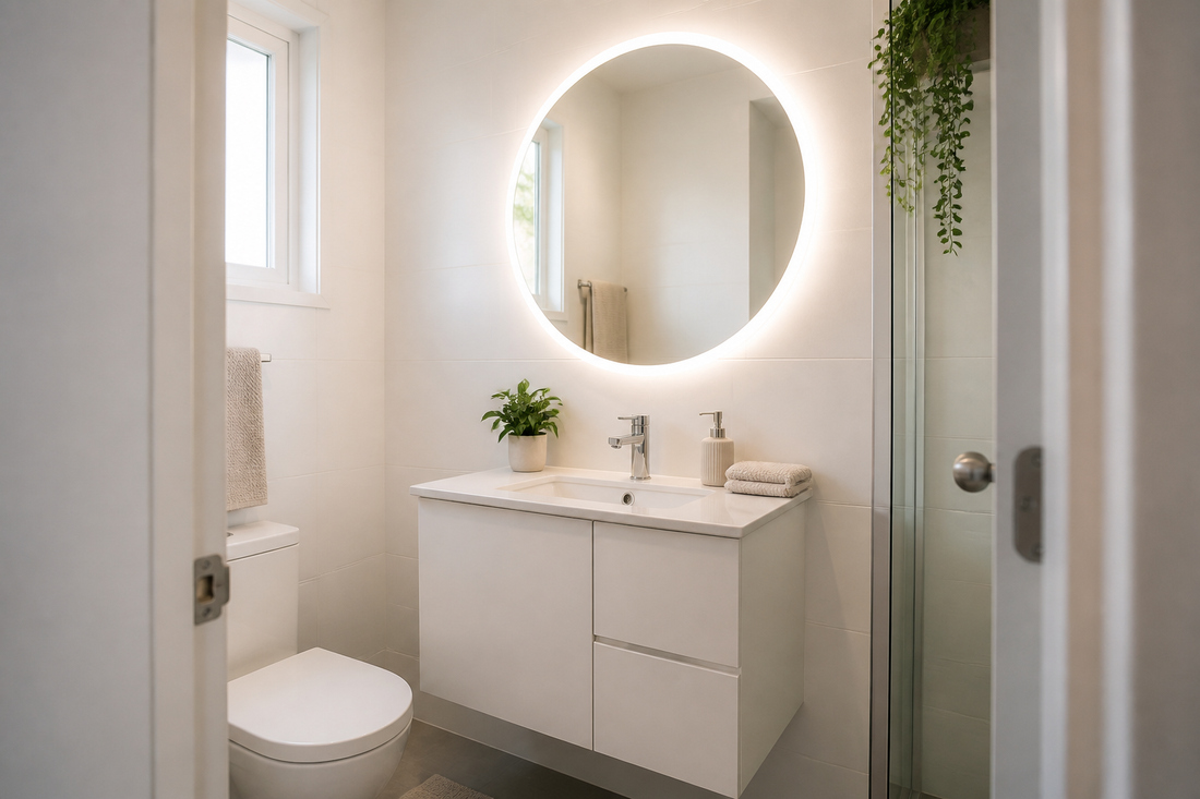 Rental bathroom vanity with a softly lit round LED mirror