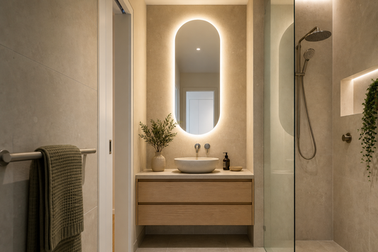 Oval LED bathroom mirror above a slim vanity in a narrow modern Australian bathroom