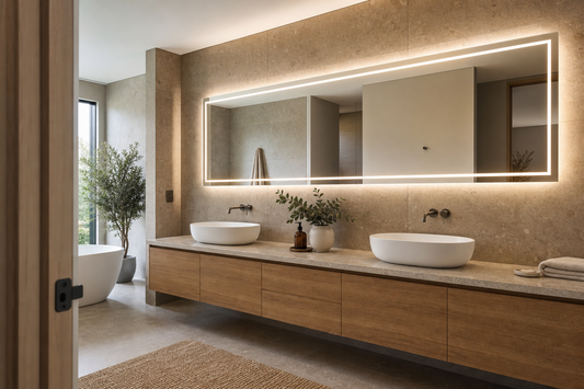 Large rectangular LED bathroom mirror above a double vanity in a modern Australian bathroom