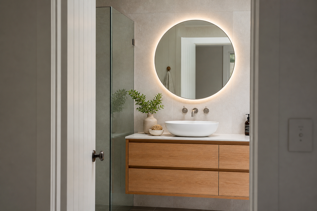 Round backlit LED bathroom mirror above a modern Australian timber vanity
