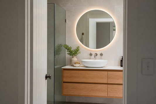 Round backlit LED bathroom mirror above a modern Australian timber vanity