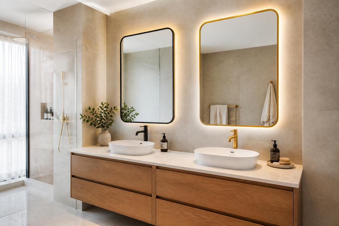 Black frame and gold frame LED bathroom mirrors above warm timber vanities