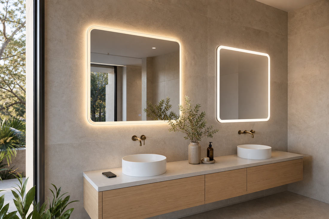 Bluetooth smart LED mirror and regular LED mirror above a modern Australian vanity