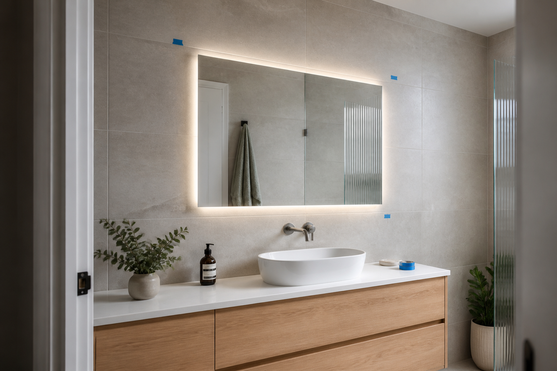 LED bathroom mirror mounted on a tiled bathroom wall above a modern vanity