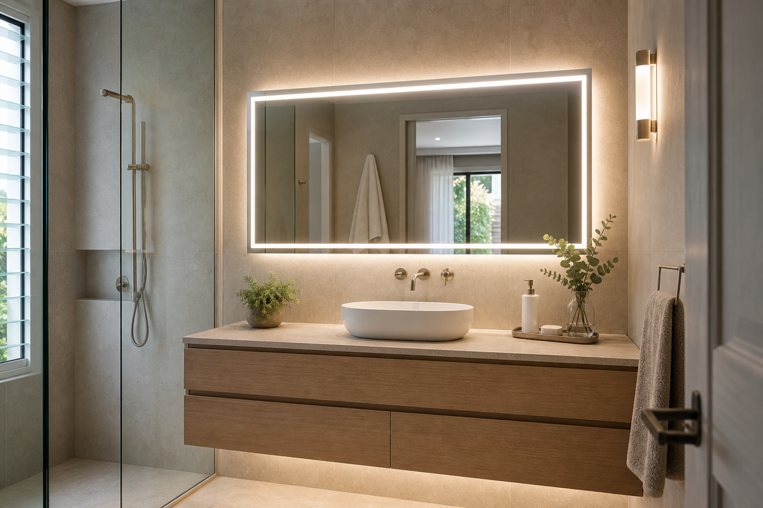 LED bathroom mirror replacing vanity lights above a modern Australian vanity