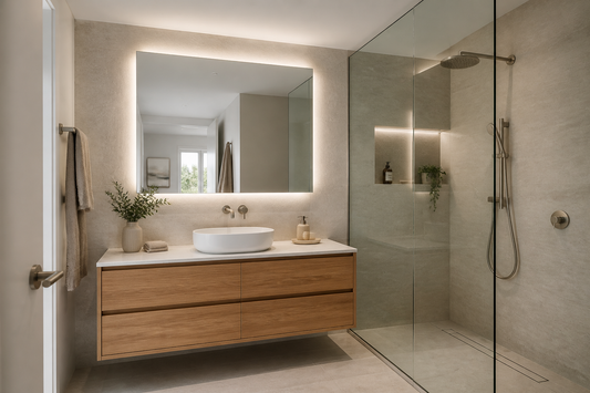 Backlit LED bathroom mirror positioned near a glass shower in a modern Australian bathroom