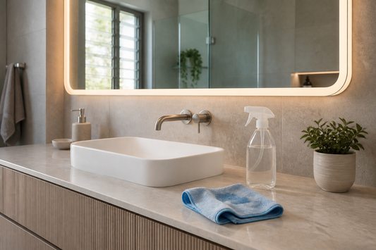 LED bathroom mirror with glass cleaner and microfibre cloth on a modern vanity