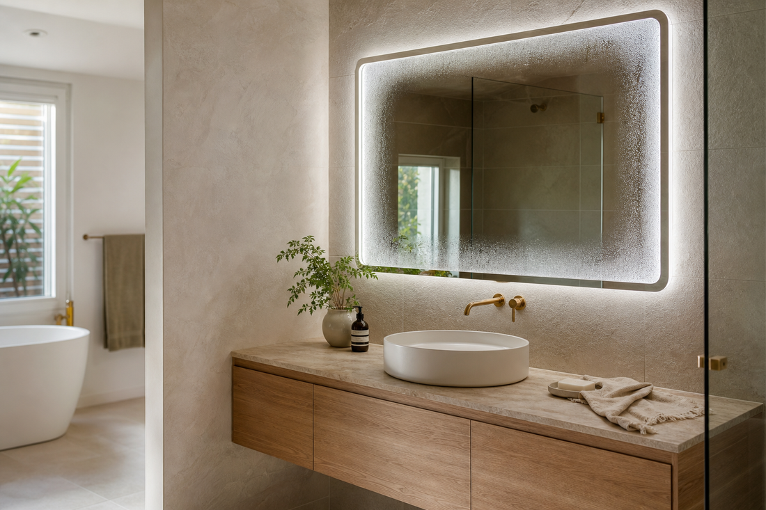 Anti-fog LED bathroom mirror with clear centre and soft condensation around the edges