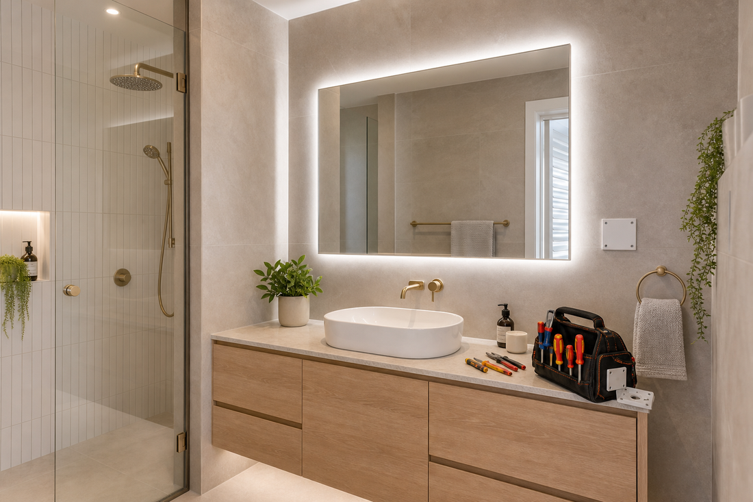 LED bathroom mirror installation planning in a modern Australian bathroom