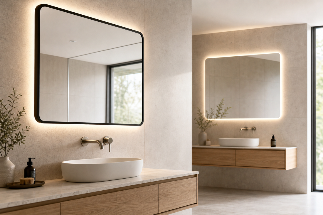Framed and frameless LED bathroom mirrors above modern Australian vanities
