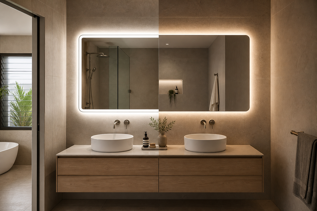 Frontlit and backlit LED bathroom mirror lighting above a modern vanity