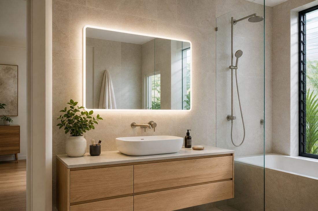 Bright LED bathroom mirror above a modern vanity with even face-friendly light