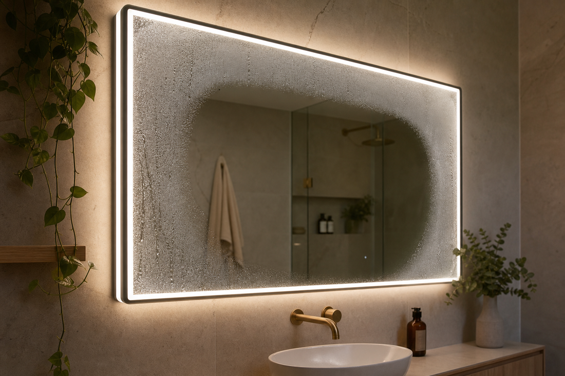 LED bathroom mirror with a clear heated demister zone in a modern Australian bathroom