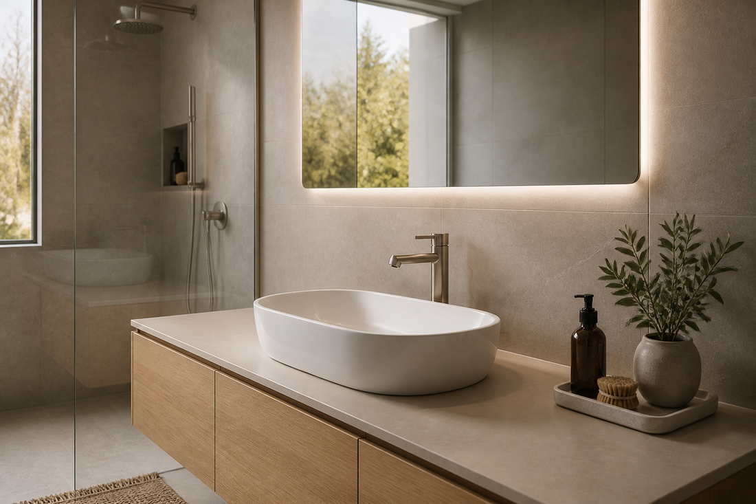 LED bathroom mirror mounted with clear space above a vessel basin