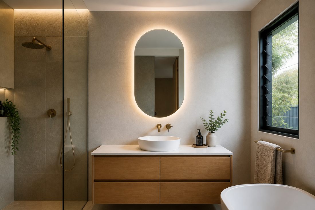 Backlit LED bathroom mirror installed at eye level above a modern vanity