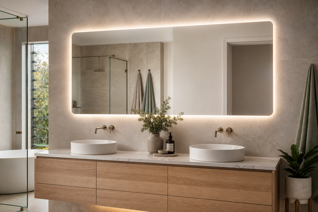 LED bathroom mirror lighting a modern vanity evenly to reduce face shadows