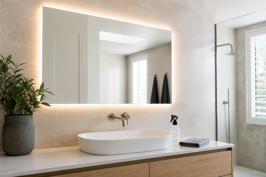 LED bathroom mirror with microfibre cloth and cleaner on a modern vanity