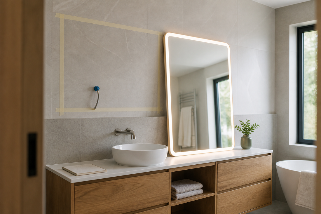 LED bathroom mirror wiring planned before installation in a modern Australian bathroom