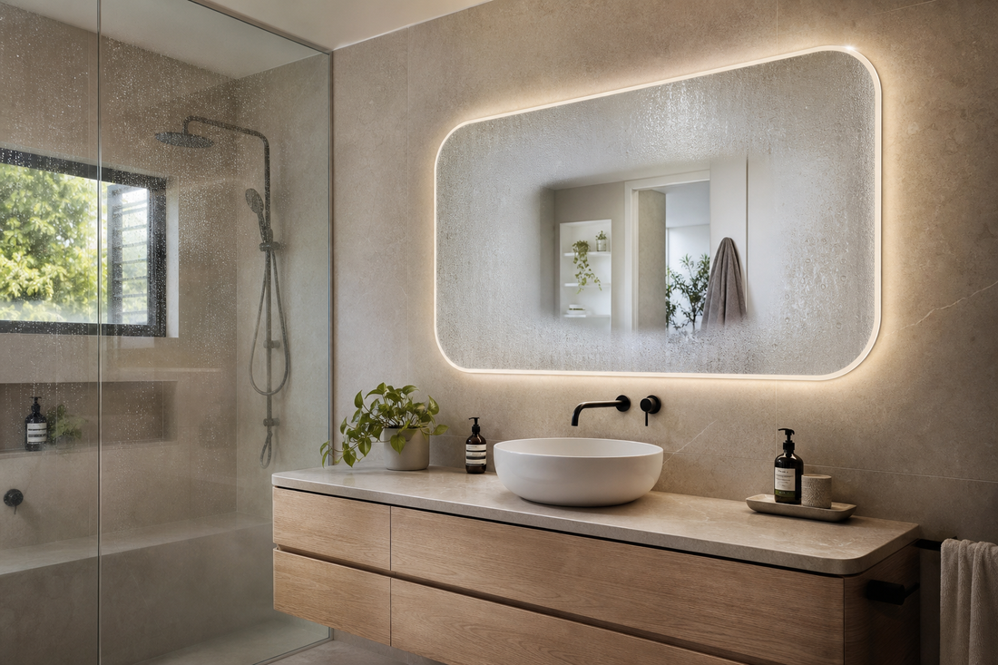 Anti-fog LED bathroom mirror staying clear in a steamy modern Australian ensuite