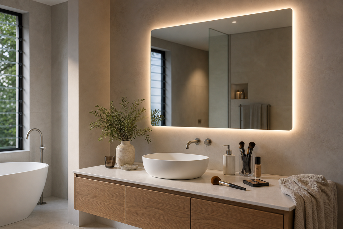 Backlit LED bathroom mirror above a modern makeup and skincare vanity