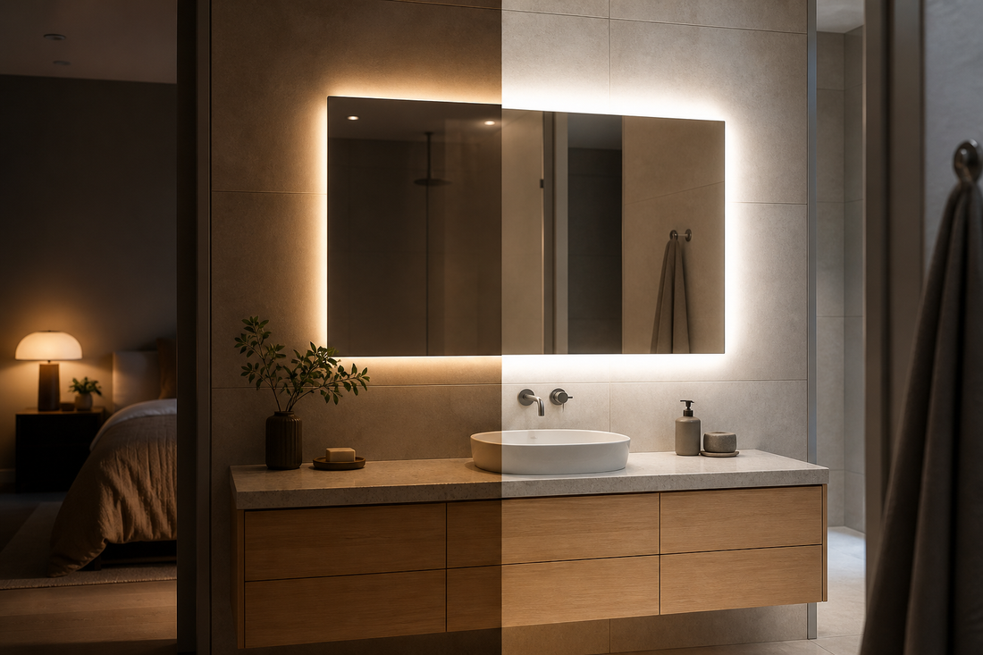 Dimmable LED bathroom mirror above a modern vanity with soft and bright lighting