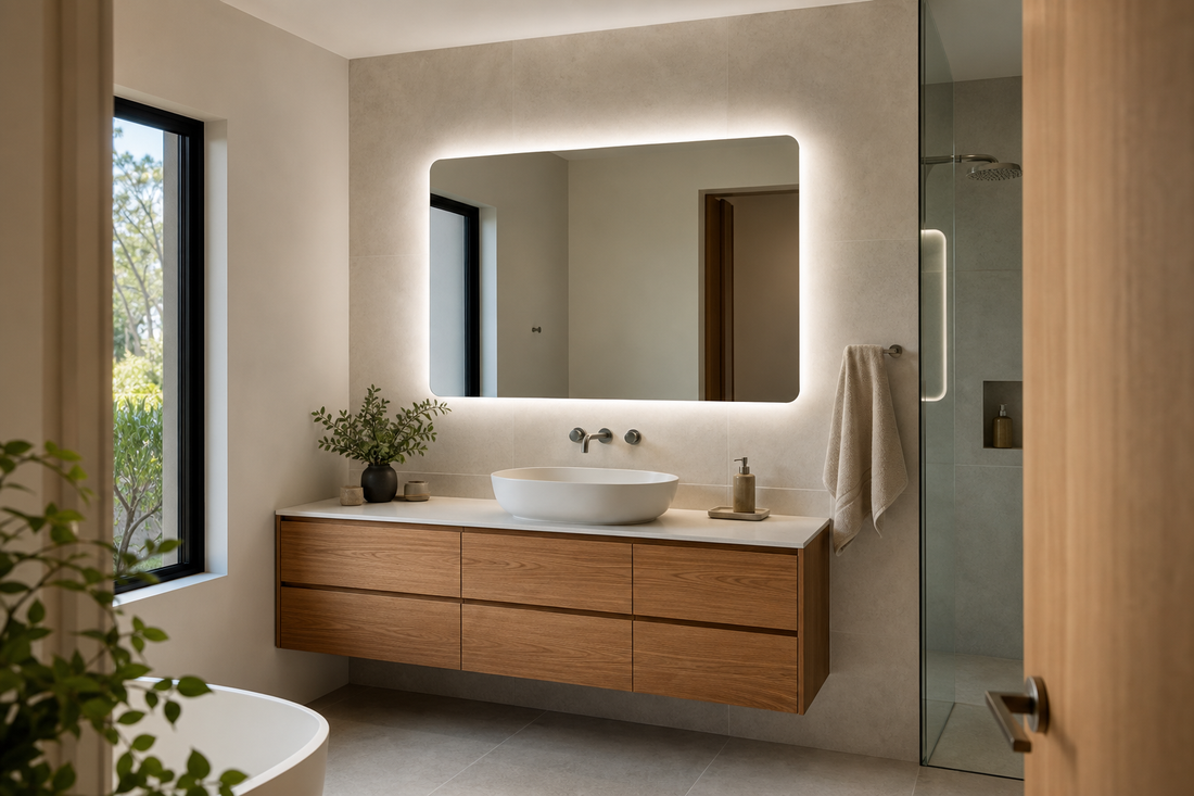 LED bathroom mirror above a warm timber vanity in a modern Australian bathroom