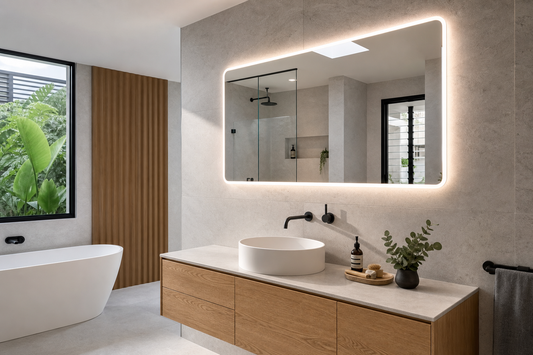 LED bathroom mirror above a modern Australian vanity