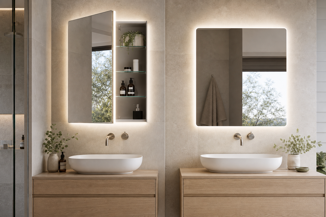 LED mirror cabinet compared with a flat LED mirror above modern Australian vanities