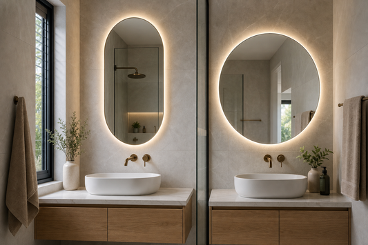 Oval and round LED bathroom mirrors above a compact modern vanity