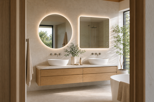 Round and rectangle LED bathroom mirrors above a modern vanity