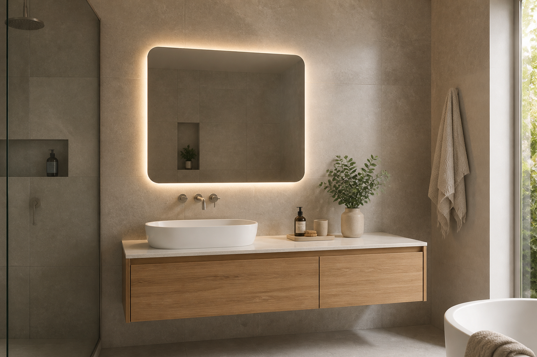 LED bathroom mirror centered over an offset basin on a modern vanity