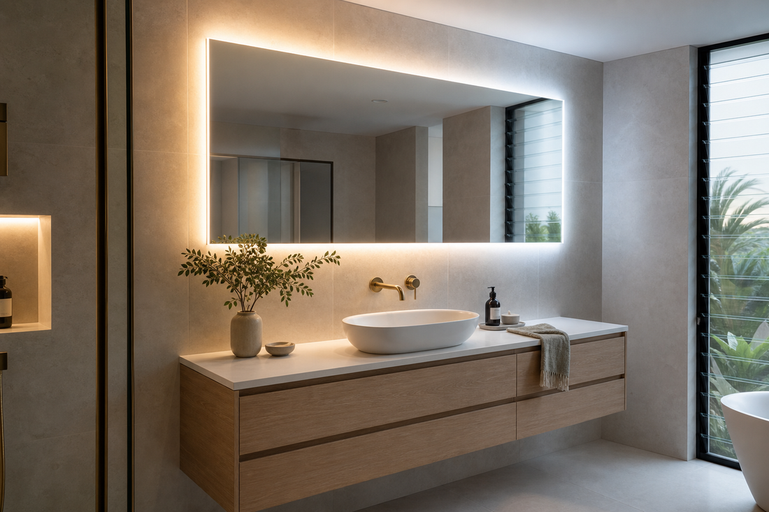 Bathroom LED mirror showing warm neutral and cool white lighting around a modern vanity