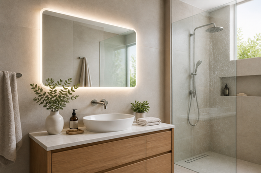 Backlit LED bathroom mirror beside a glass shower in a modern Australian bathroom