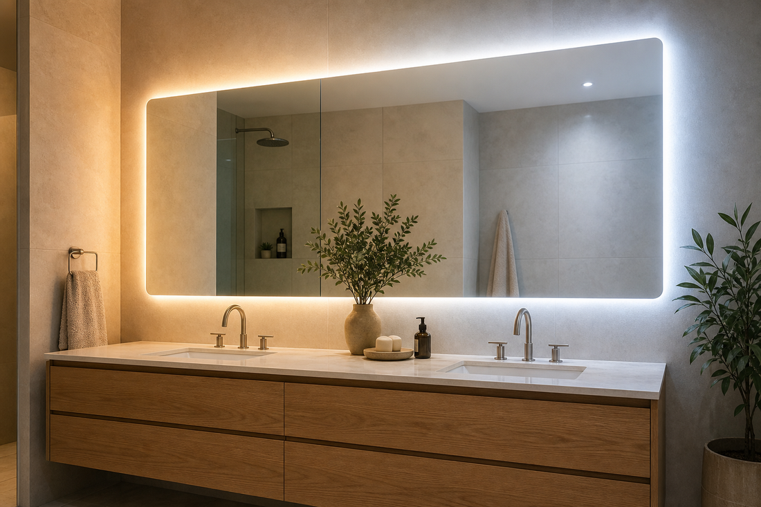 Bathroom LED mirror showing warm neutral and cool colour temperature lighting