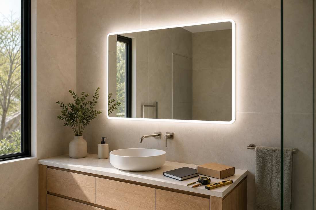 LED bathroom mirror with safety certification planning in a modern Australian bathroom